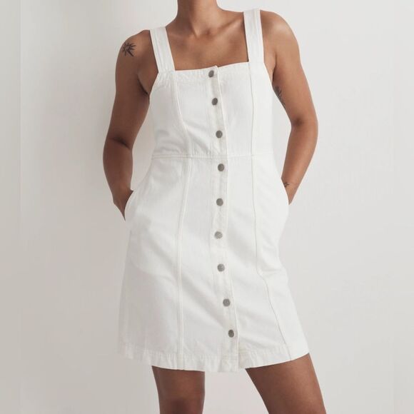 Madewell Denim Square-Neck Sleeveless Mini Dress in Tile White NWOT Size 00 - Picture 1 of 13